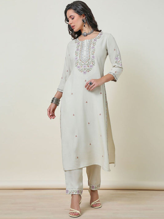 Dhiyona SO Women's Beige-Coloured Floral Embroidered Thread Work Straight Kurta With Trousers