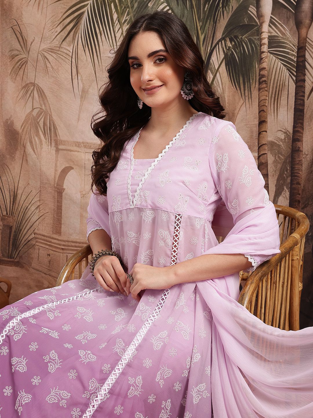 Dhiyona SN Women's Floral Printed Semi Sheer Panelled Kurta with Sharara & Dupatta