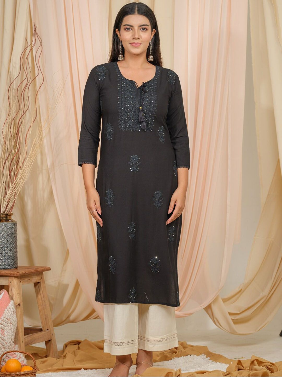 Dhiyona OD Tie U[p Neck Sequined Embroidered Straight Kurta