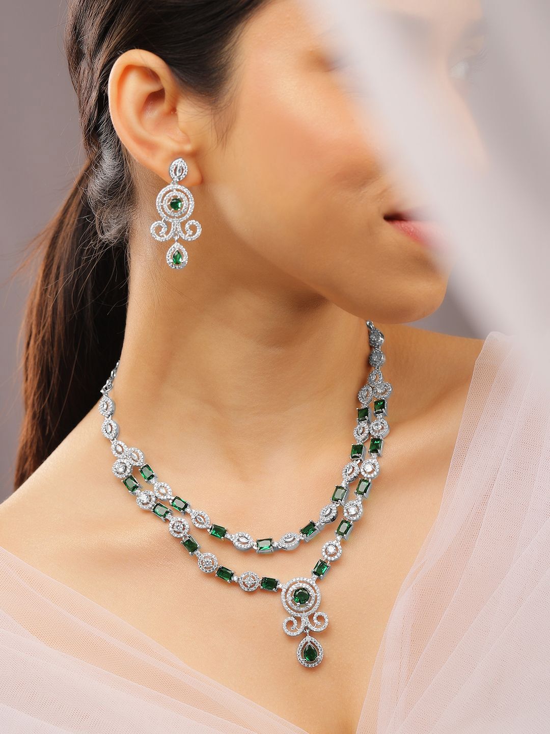 Dhiyona RJ Women's Rhodium-Plated Emerald Green & White Cubic Zirconia Double Layer Luxe Jewellery Set