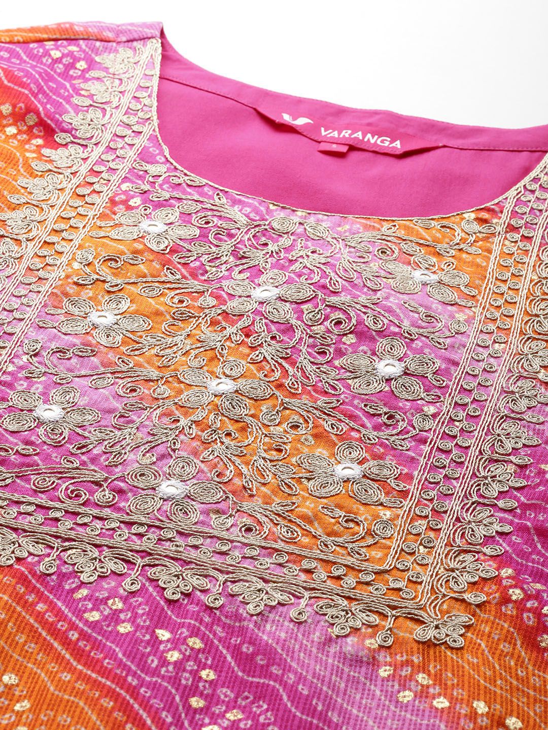Dhiyona VA Women'sBandhani Embroidered Zari Kurta with Trousers & Dupatta