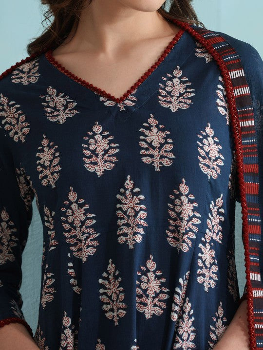 Women's Ethnic Motifs Printed V-Neck Pure Cotton A-Line Kurta with Palazzos & Dupatta