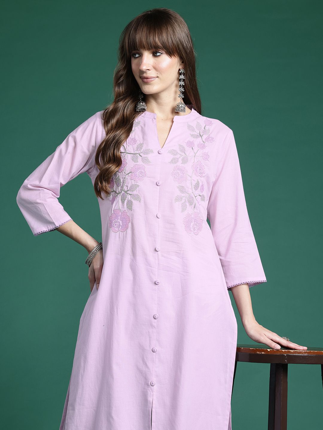 Dhiyona IE Floral Embroidered Thread Work Pure Cotton Kurta with Trousers