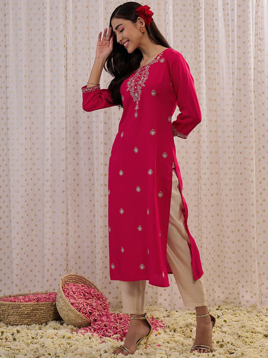 Dhiyona IE Floral Embroidered Round Neck Three-Quarter Sleeves Floral Kurta