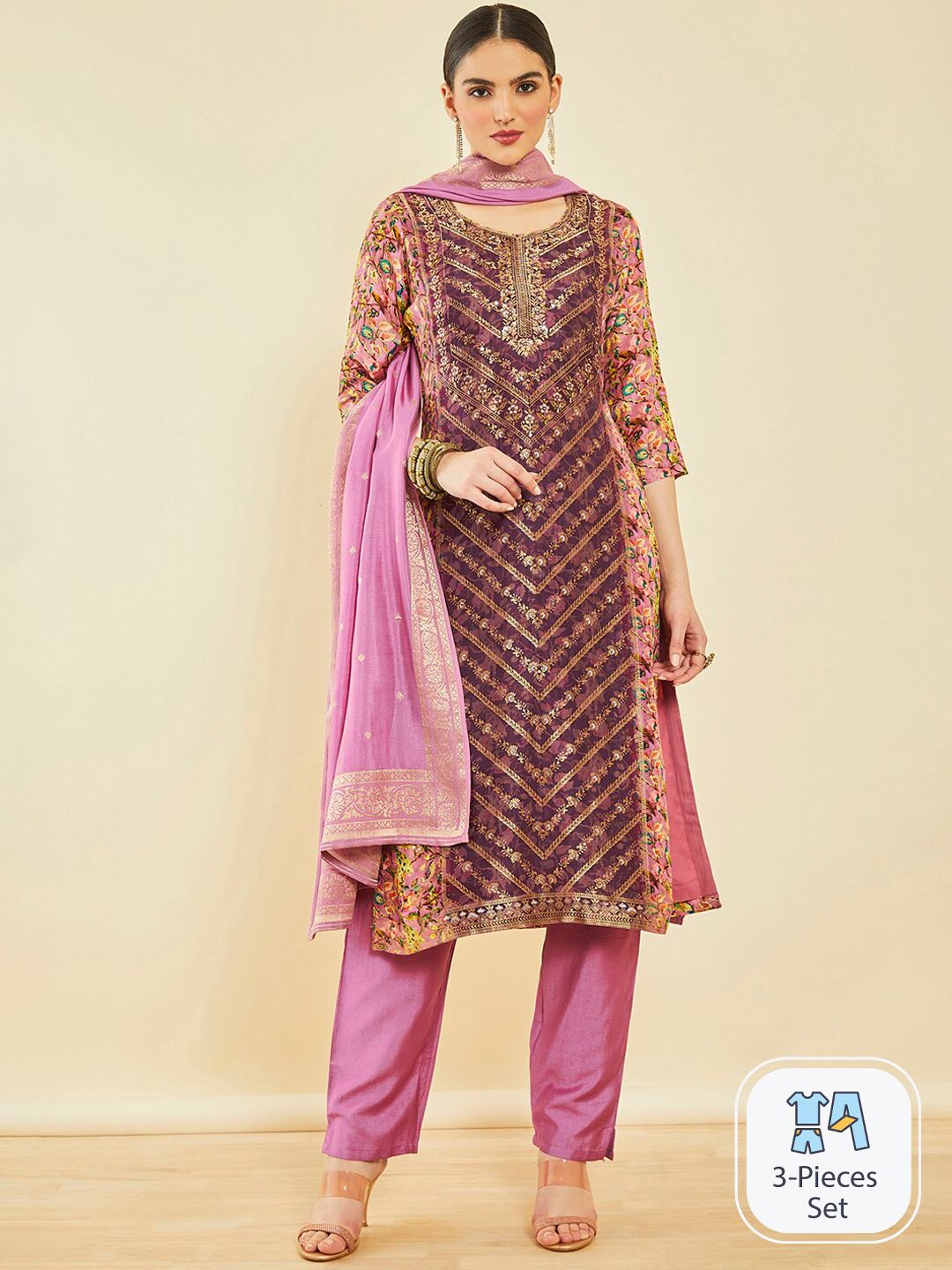 Dhiyona SO Women's Ethnic Motifs Printed Beads and Stones Kurta & Trousers With Dupatta