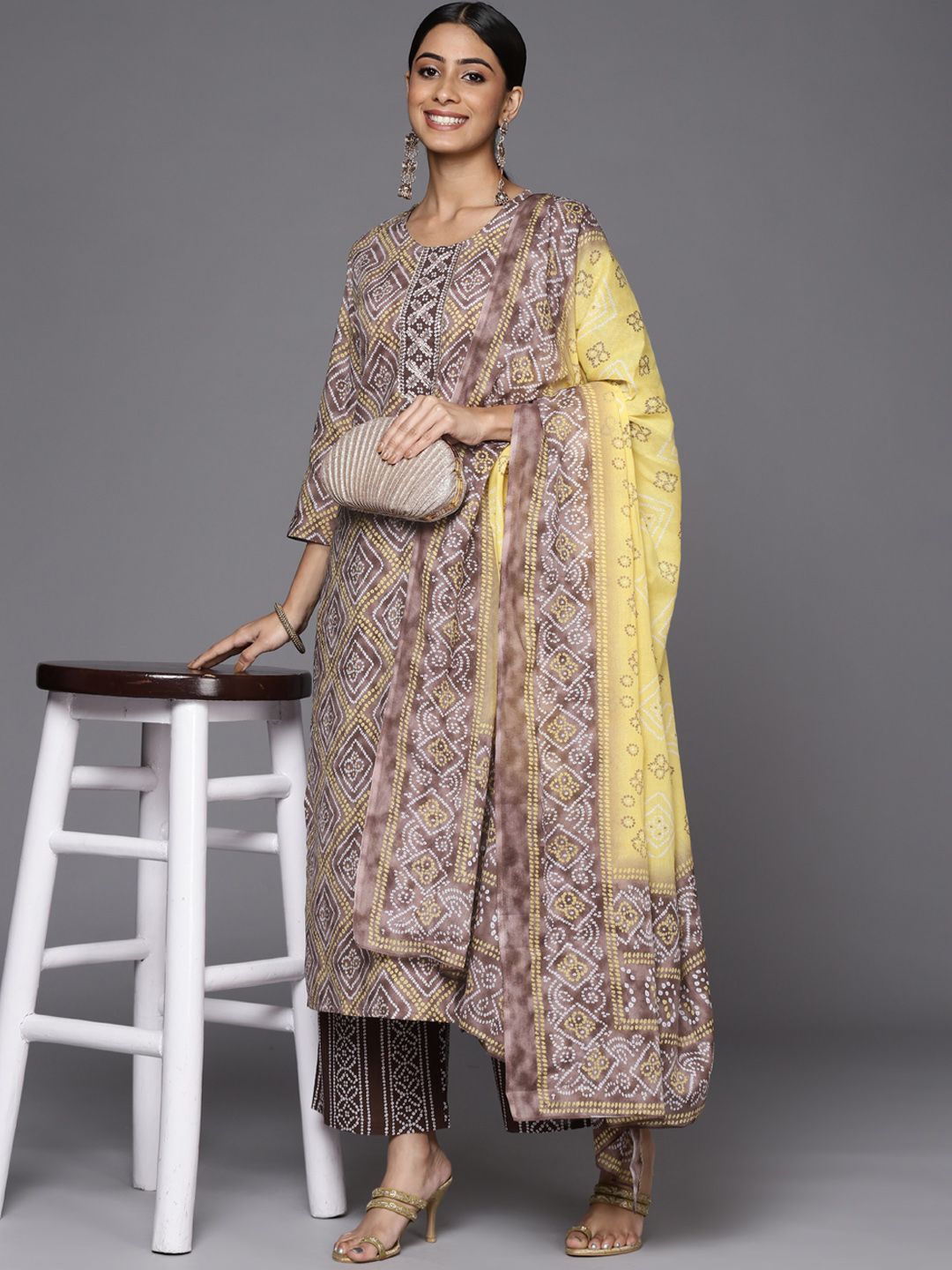 Dhiyona VA Women's Brown Bandhani Printed Gotta Patti Pure Cotton Kurta with Palazzos & With Dupatta