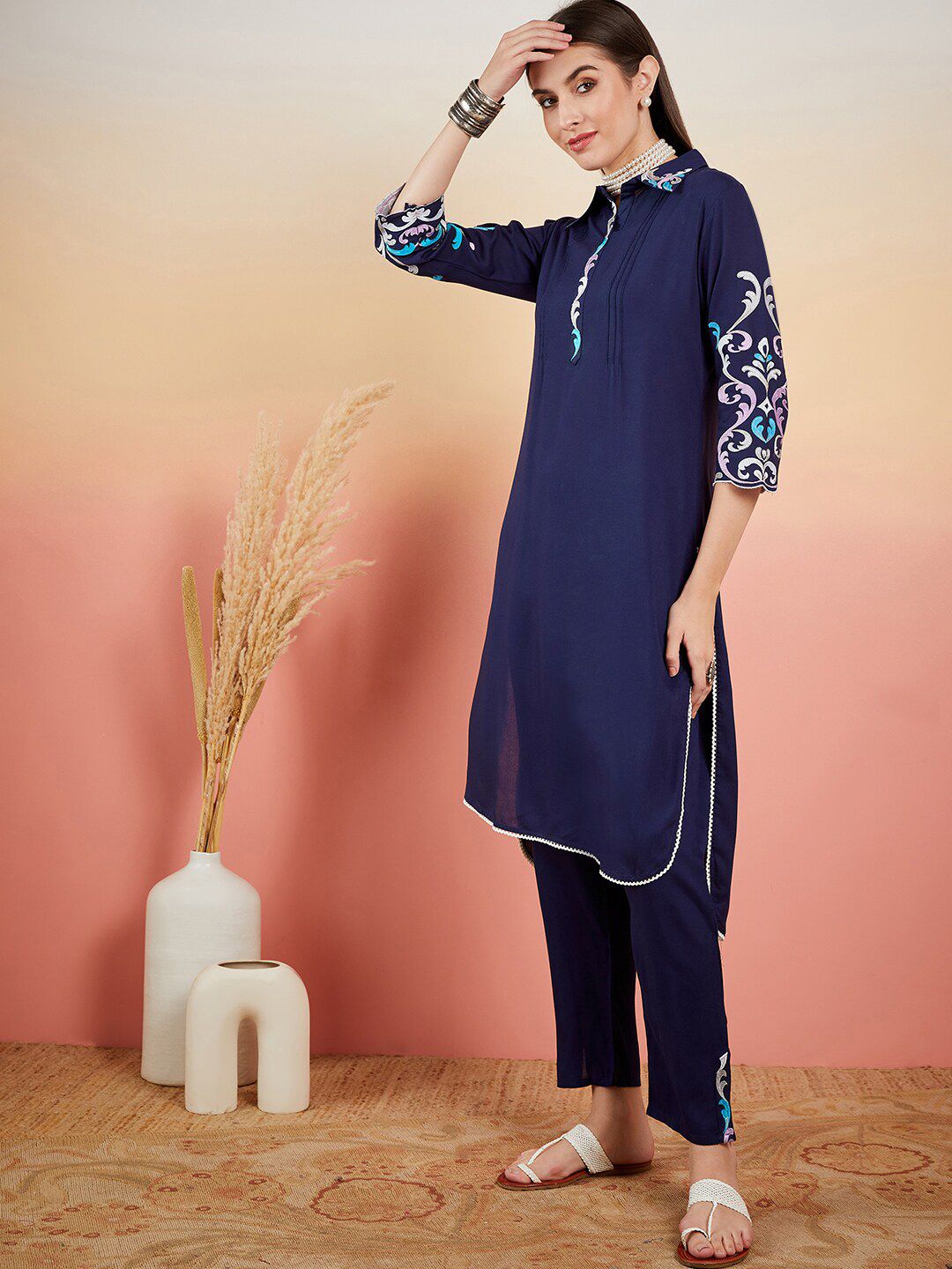 Dhiyona SN Women's Navy Blue Floral Embroidered Shirt Collar Straight Kurta & Trousers