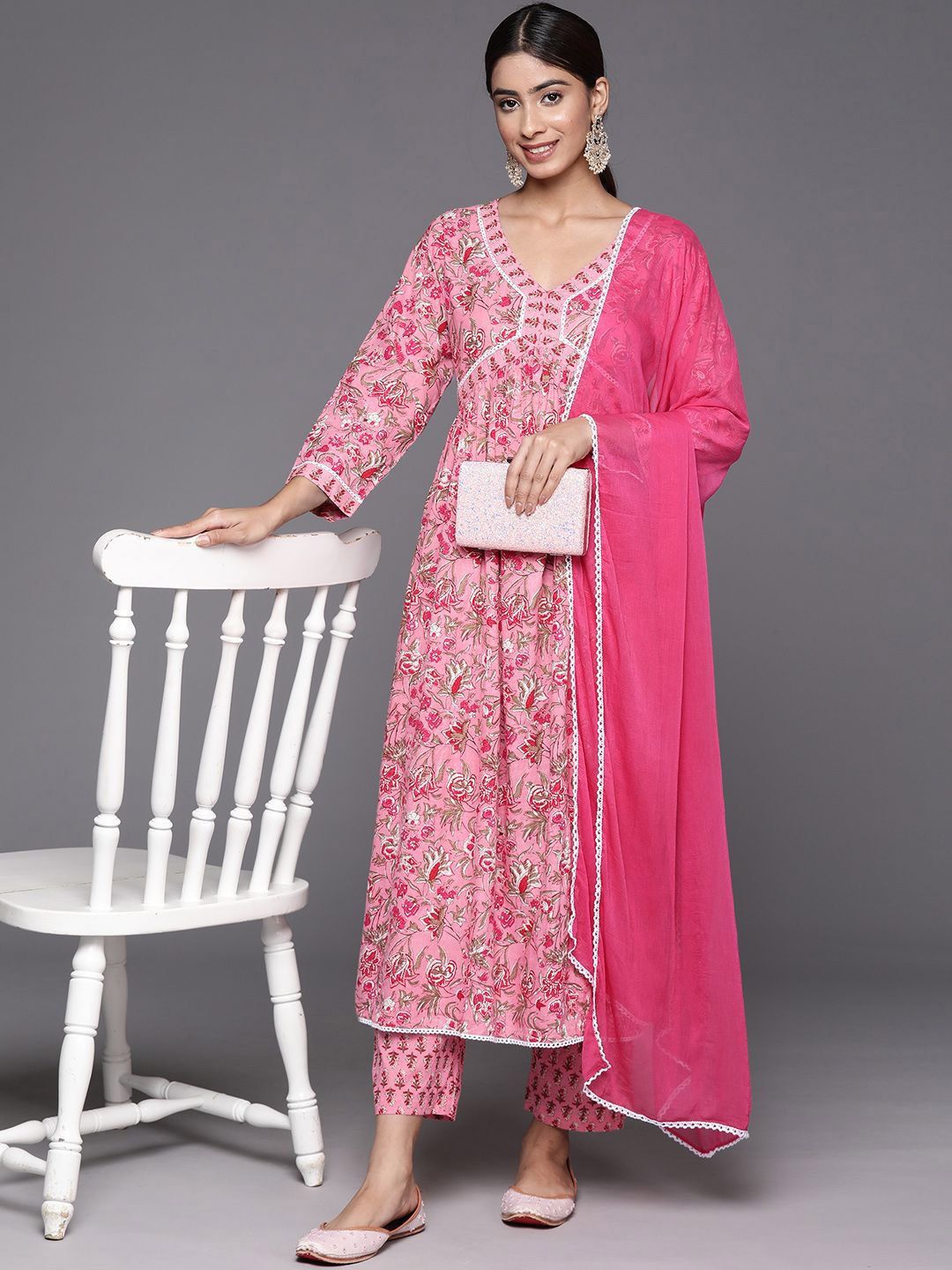 Dhiyona VA Women's Floral Printed Empire Pure Cotton Kurta with Trousers & With Dupatta