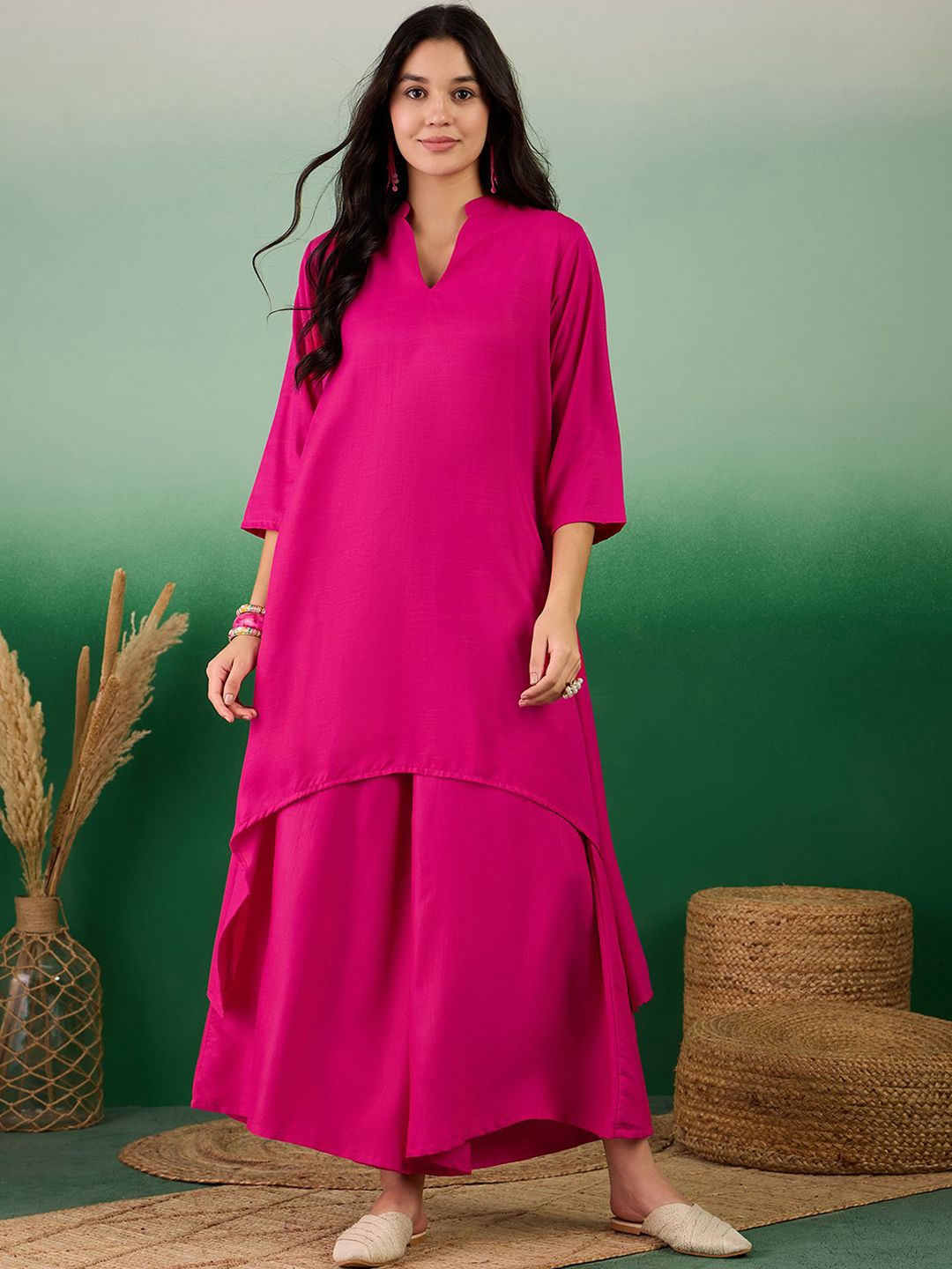 Dhiyona SN Women's Mandarin Collar A-Line Kurta With Palazzo