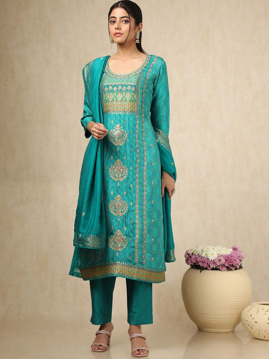 Dhiyona SO Women's Ethnic Motifs Woven Design Zari Work Straight Kurta With Trouser & Dupatta