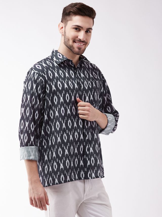 Men's Black Cotton Blend Straight Ethnic Shirt