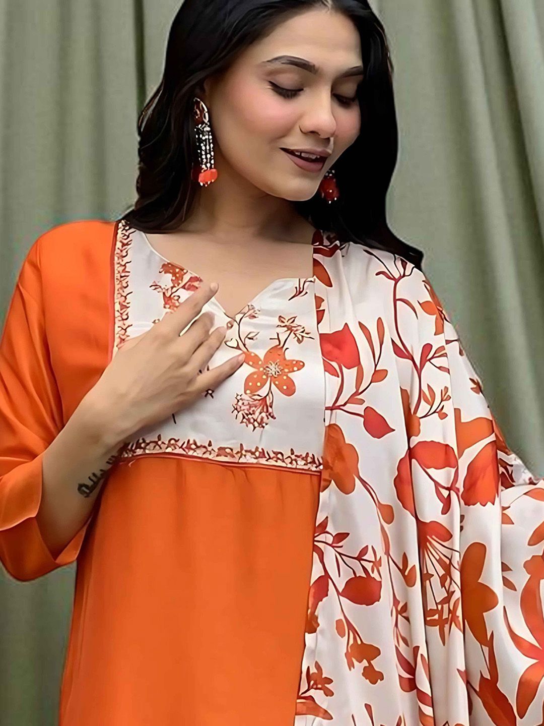 Dhiyona SN Women's Floral Printed Cotton Anarkali Kurta with Trousers & Dupatta