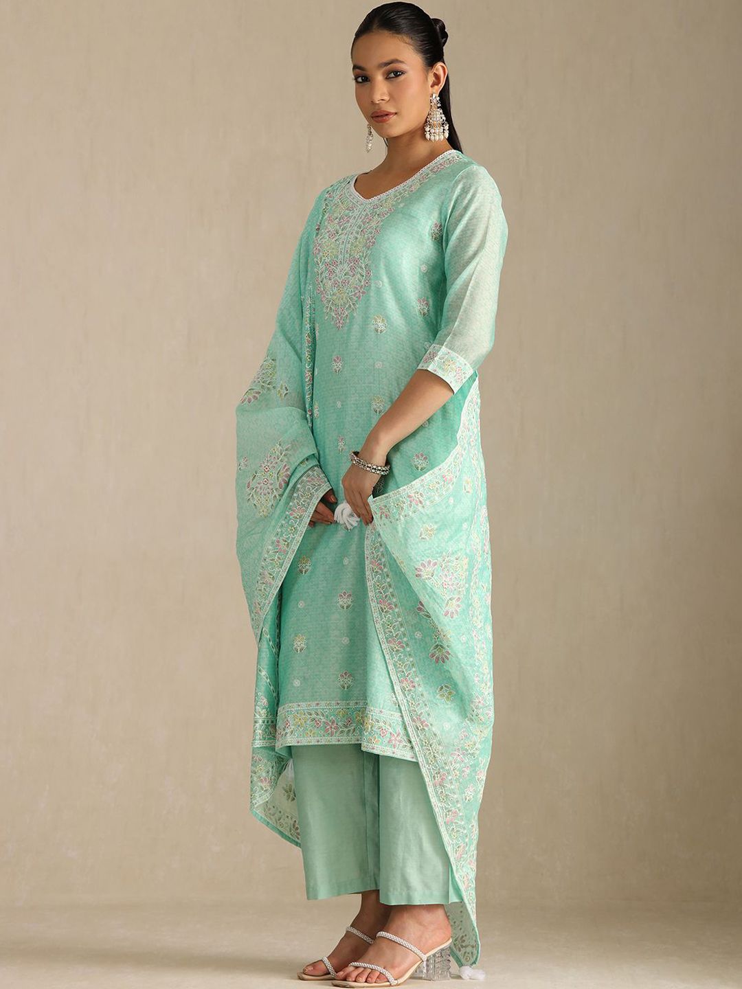 Dhiyona SO Women's Women Printed Regular Thread Work Chanderi Cotton Kurta with Palazzos & With Dupatta