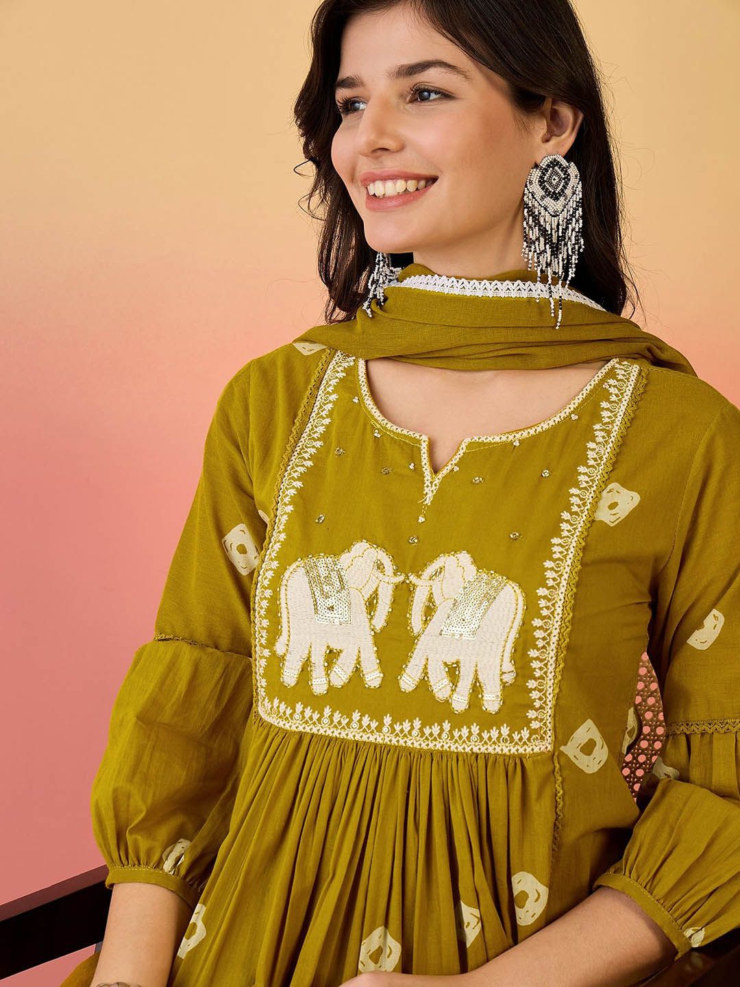 Dhiyona SN Women's Ethnic Motifs Embroidered Sequinned Pure Cotton Kurta And Trouser With Dupatta