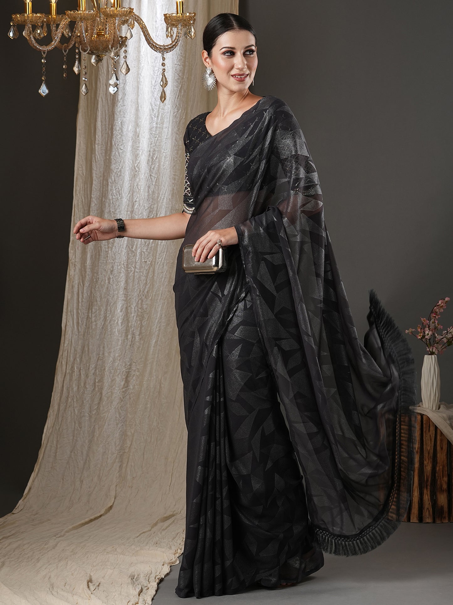 Women's Georgette Black Printed Designer Saree With Blouse Piece