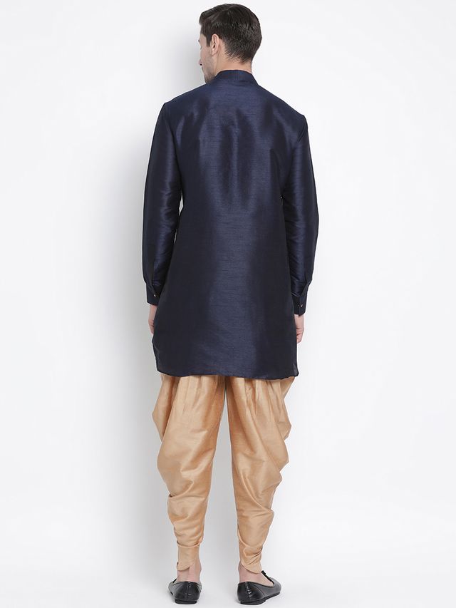 Men's Dark Blue Silk Blend Pathani Kurta and Dhoti Set