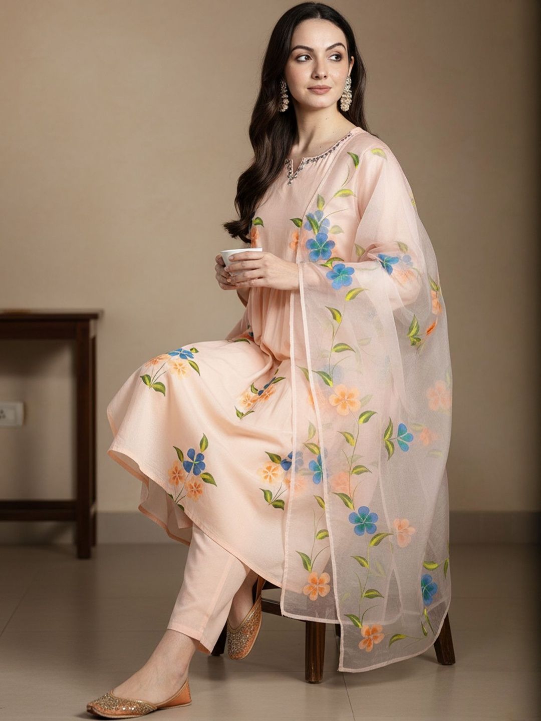 Floral Printed V-Neck Empire Pure Cotton A-Line Kurta With Trousers & Dupatta