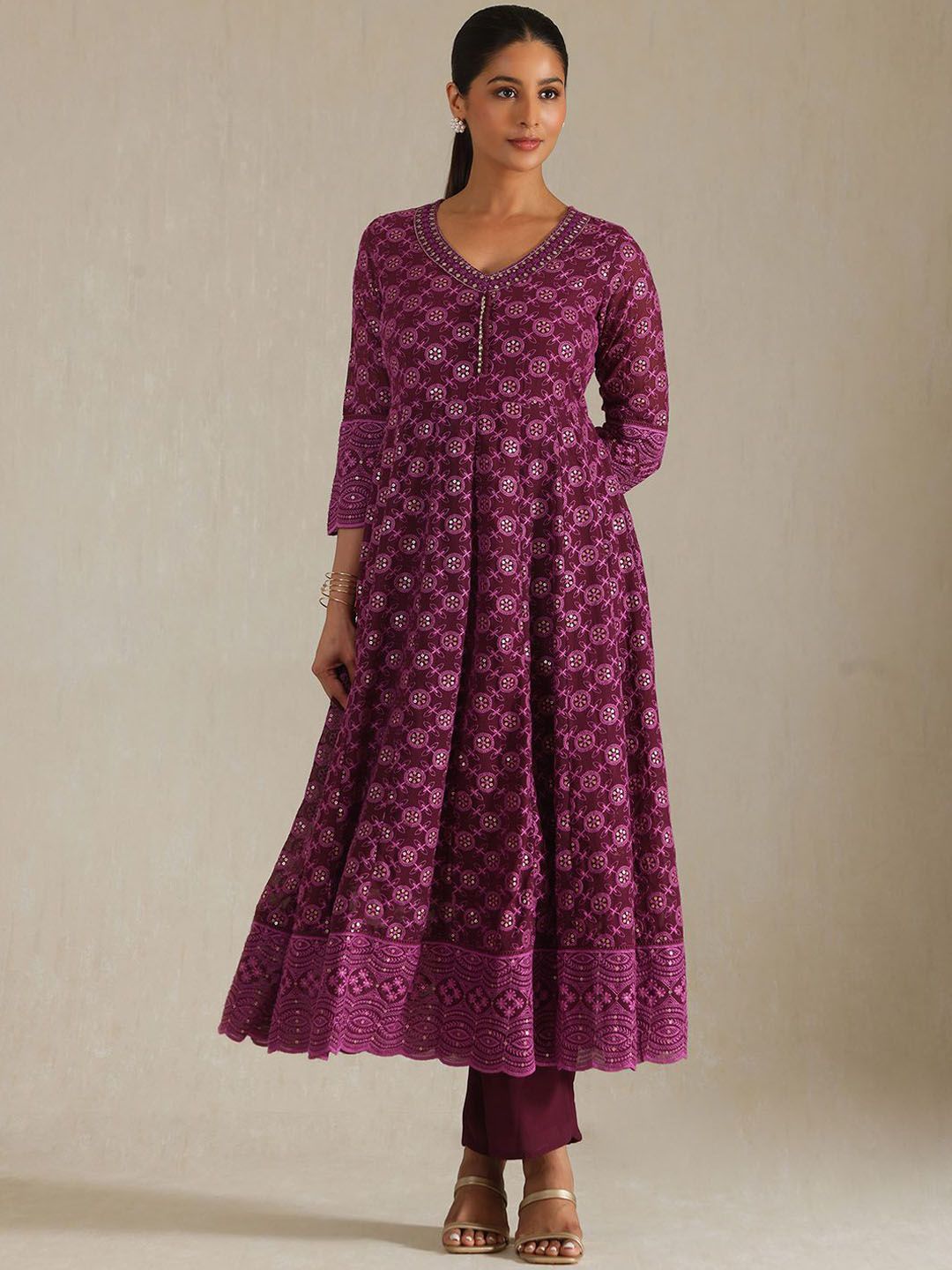 Dhiyona SO Women's Geometric Embroidered Thread Work Georgette Anarkali Kurta With Trousers And Dupatta