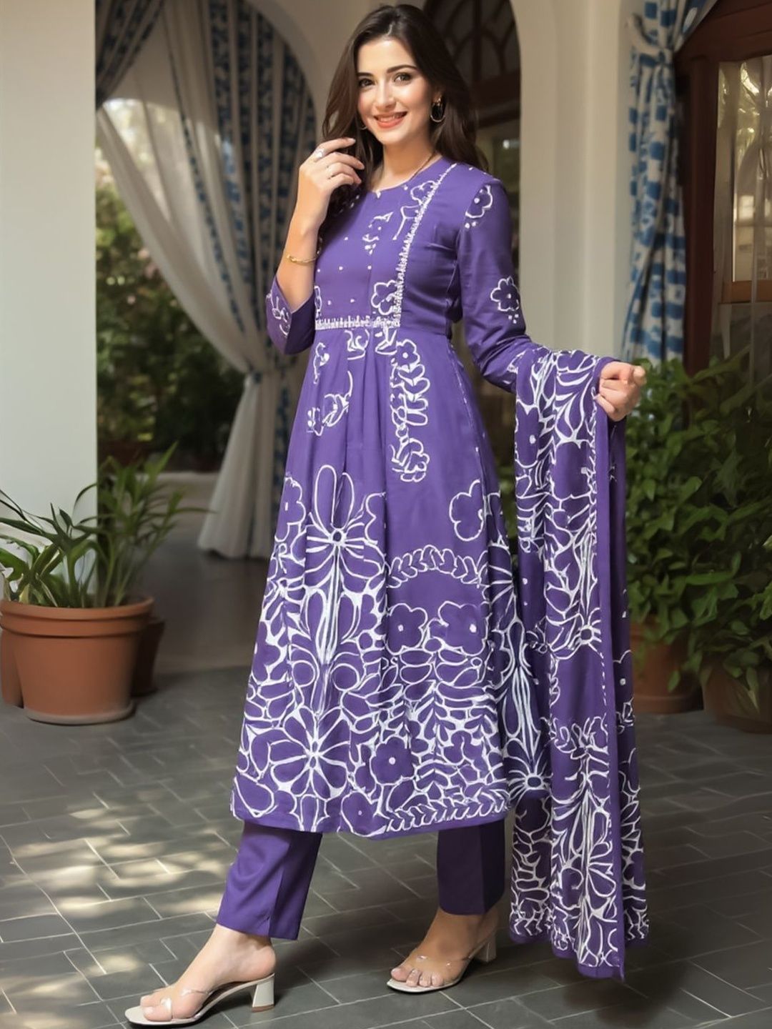 Women Floral Printed Panelled Pure Cotton Kurta & Trousers With Dupatta