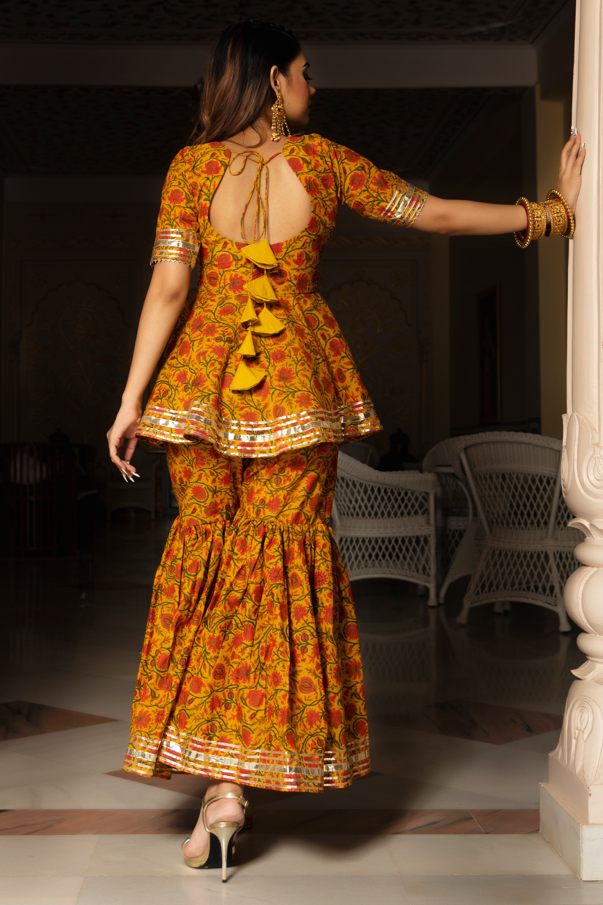 Darpan Mustard Yellow Hand Block Cotton Sharara Set