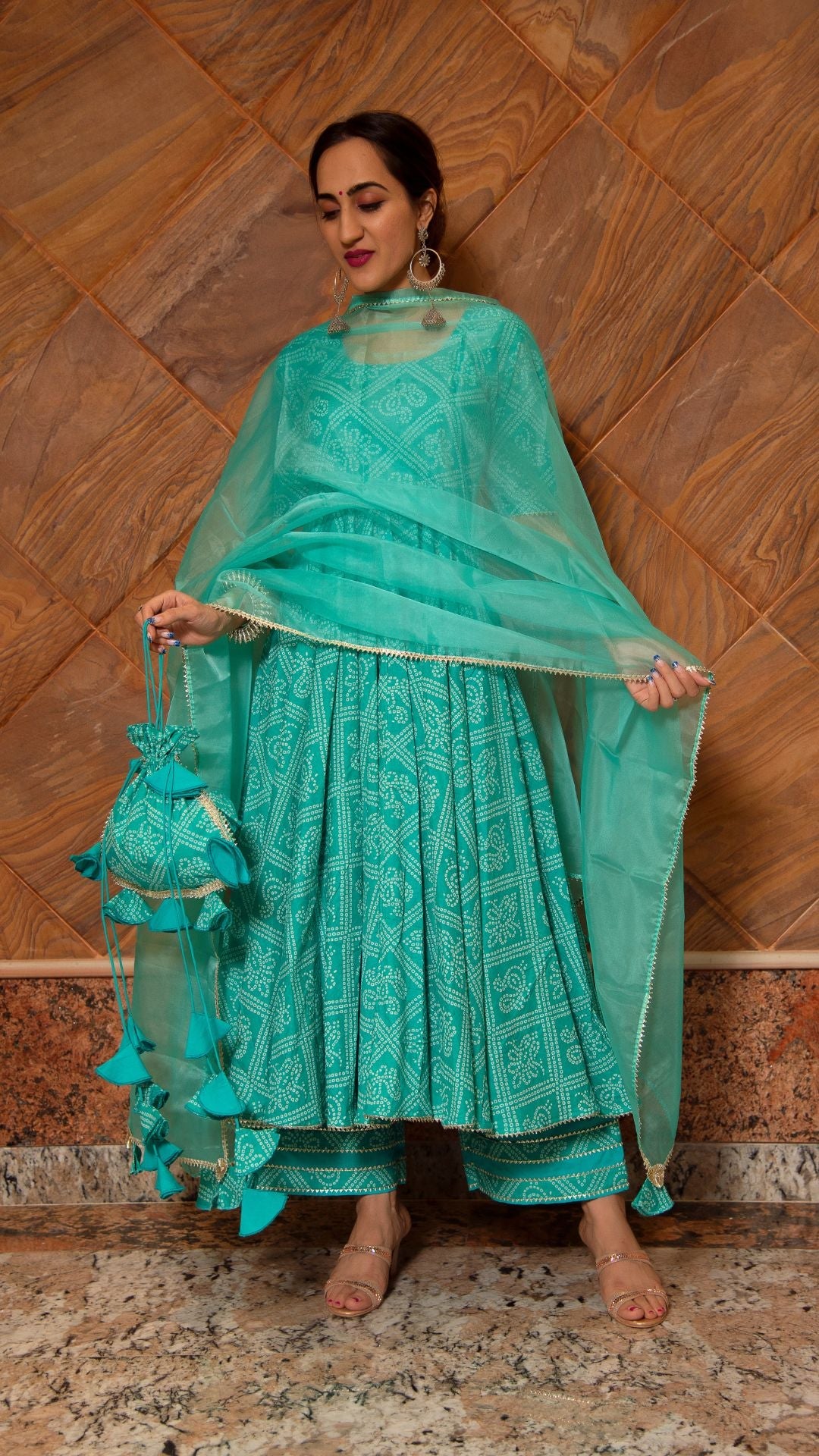 Bandhej Tiffany Blue Cotton Anarkali Set