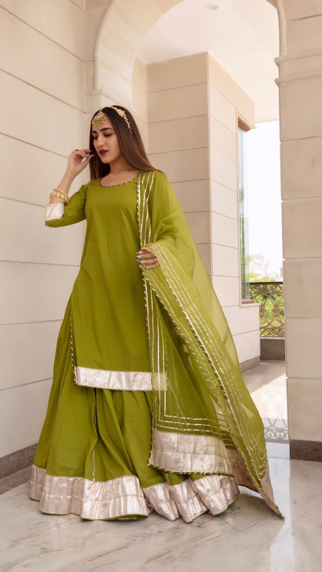 Falguni Green Long Kurta Skirt Set