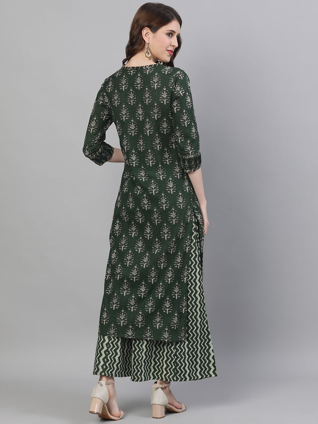 Dhiyona IS Women's Women Olive Green Beige Printed Tuck Detailed Kurta Palazzos