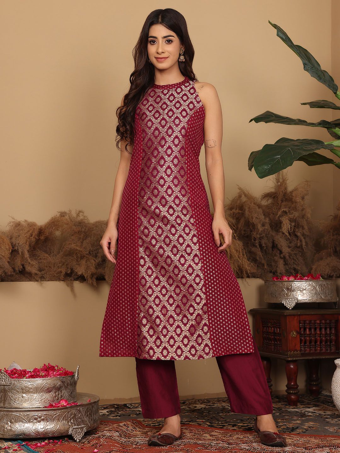 Dhiyona VA Women's Brocade Princess cut A Line Halter Neck Kurta with Trouser & Dupatta