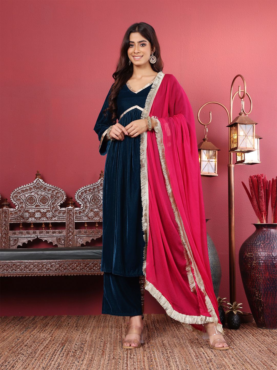 Dhiyona VA Women'sNavy Blue Flared Sleeves Lace Velvet Empire Kurta with Trousers & Dupatta