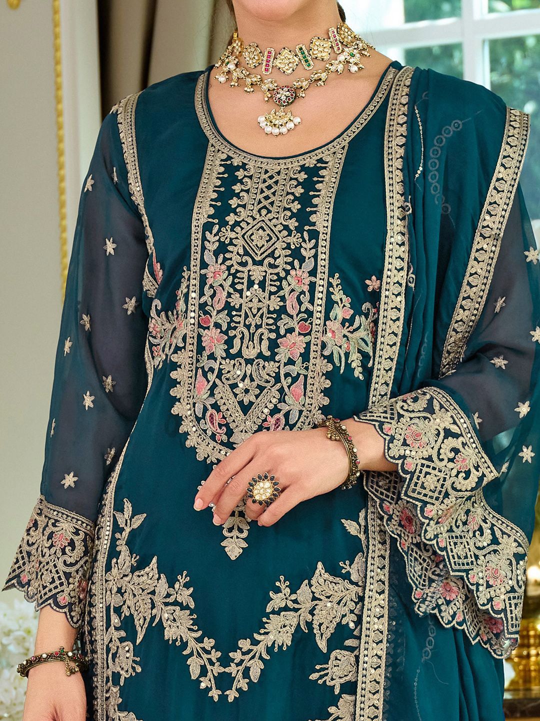 Dhiyona IE Women's Women Ethnic Motifs Embroidered Kurta & Trouser With Dupatta