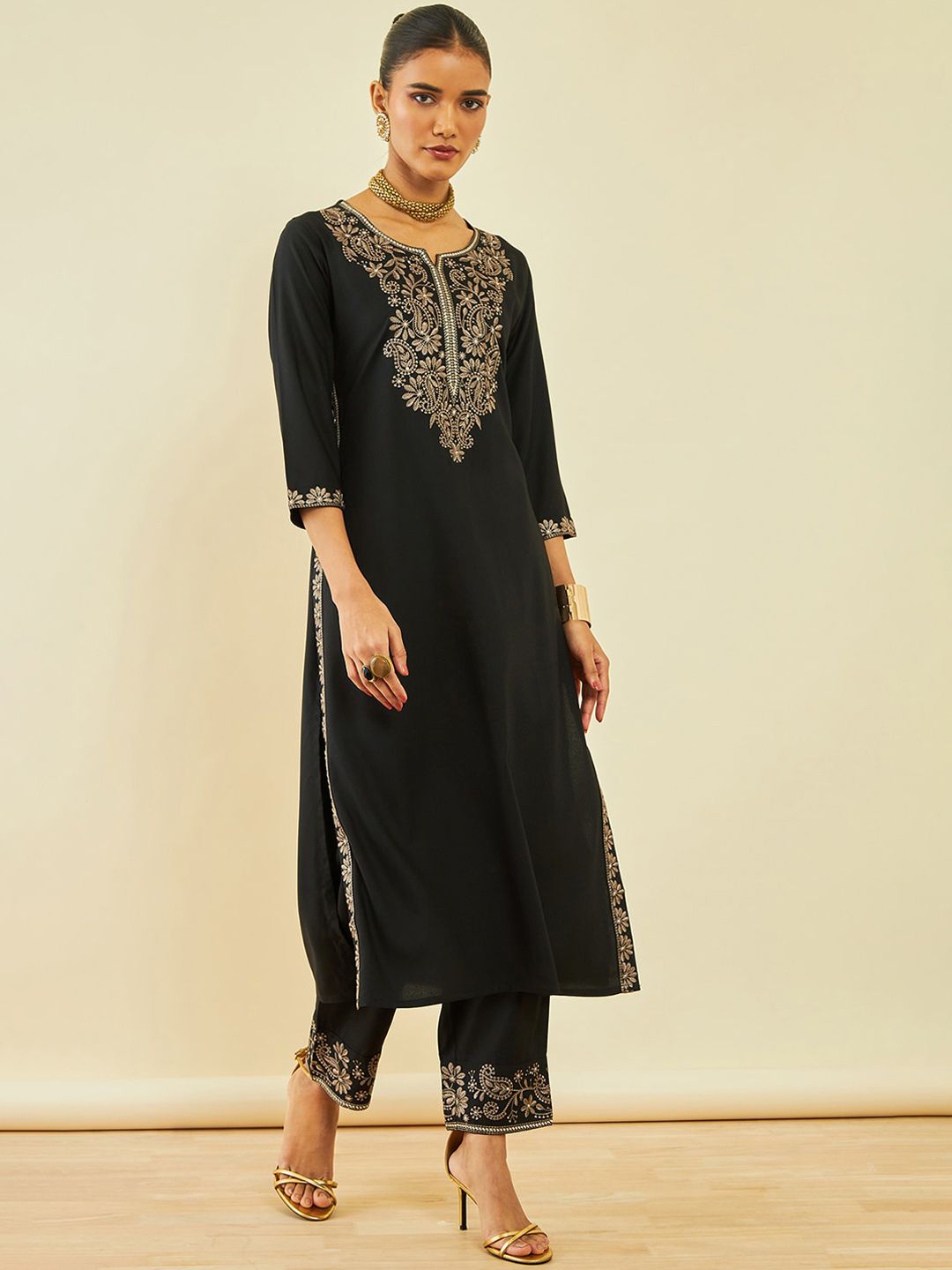 Dhiyona SO Women's Ethnic Motifs Yoke Embroidered Regular Sequinned Kurta with Trousers
