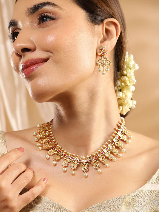 Dhiyona RJ Women's 22K Gold Plated Ruby Pink, Emerald & Cubic Zirconia Studded Jewellery Set