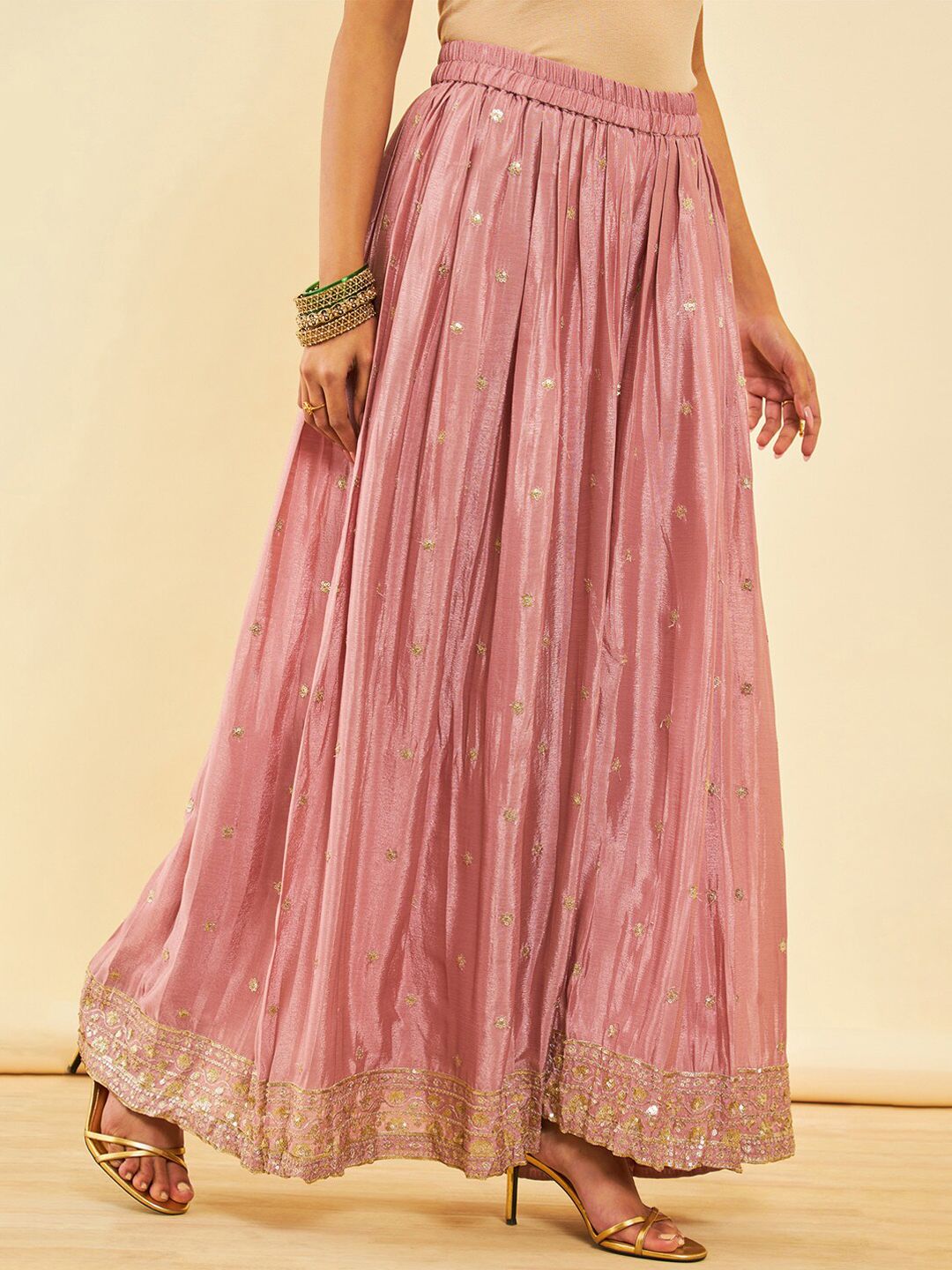 Dhiyona SO Women's Alina Cut Pink Ethnic Motifs Embroidered Regular Sequinned Kurta With Palazzos & Dupatta