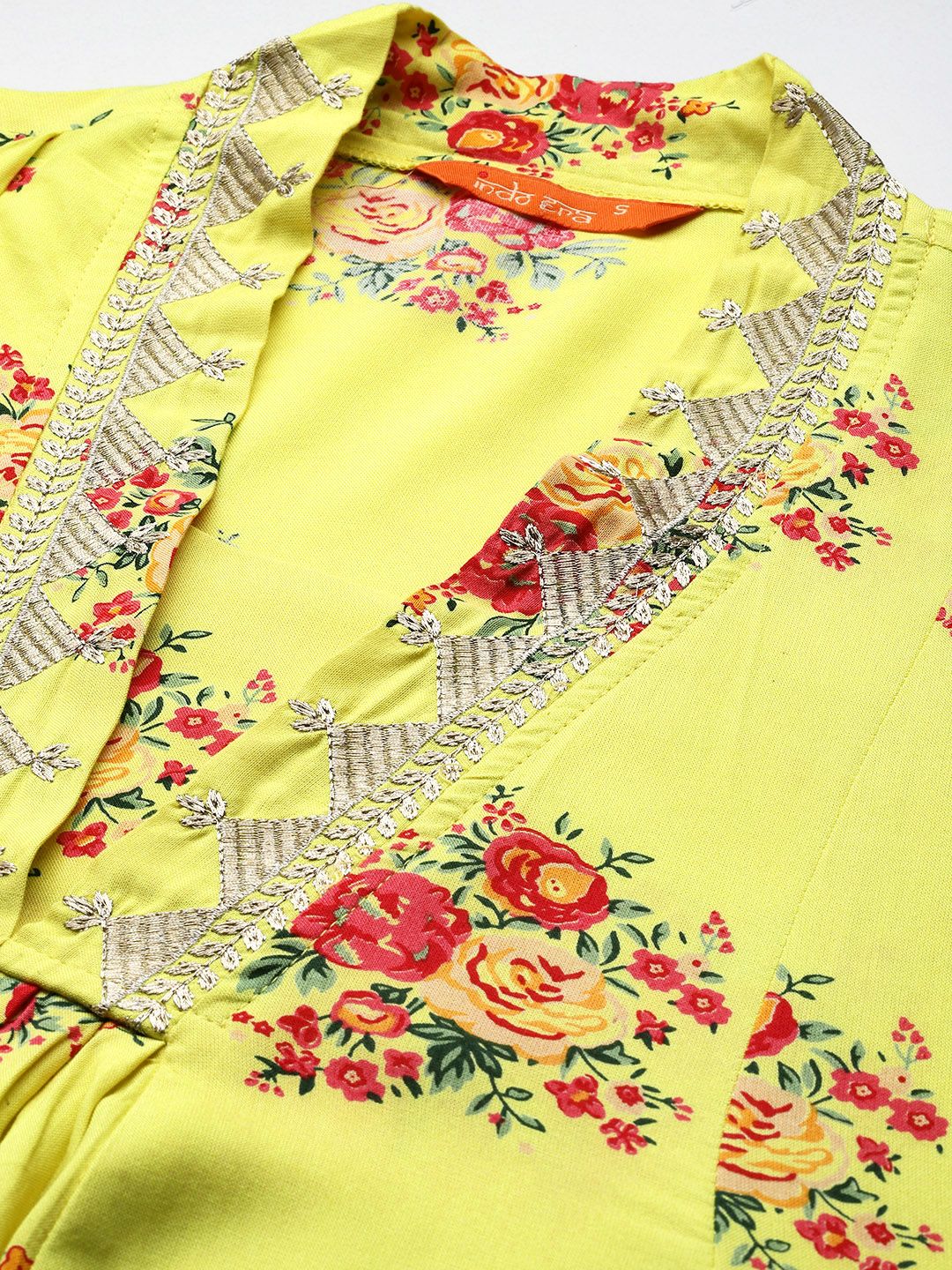 Dhiyona IE Zari Embroidered Floral Printed Gota Patti Detailed A-Line Kurta