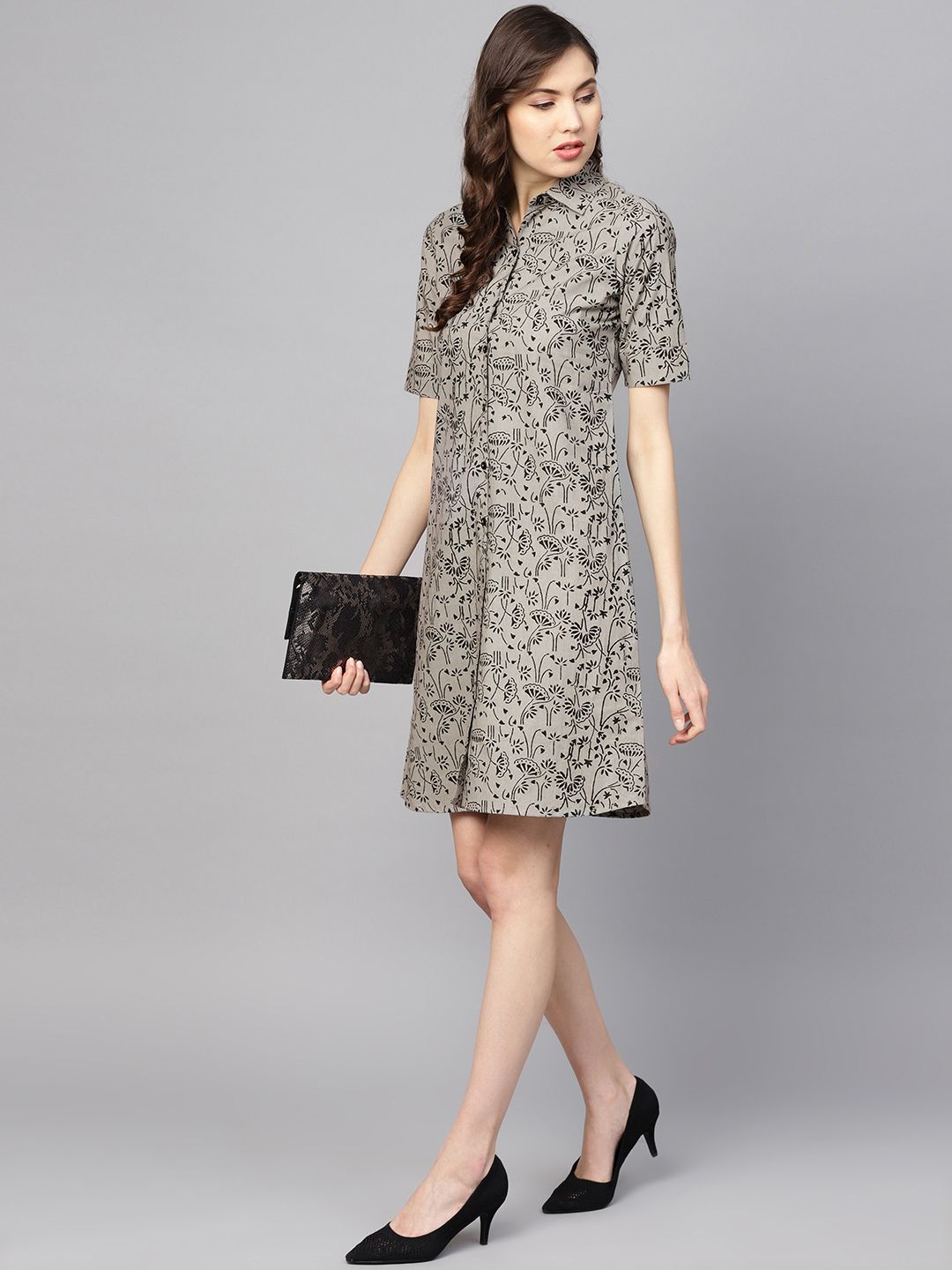 Dhiyona AY Women's Grey & Black Printed Shirt Dress