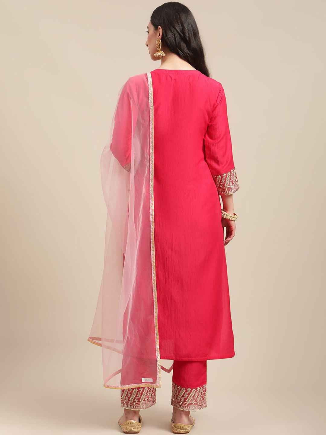 Dhiyona VA Women's Pink Ethnic Motifs Straight Kurta with Trousers & Dupatta