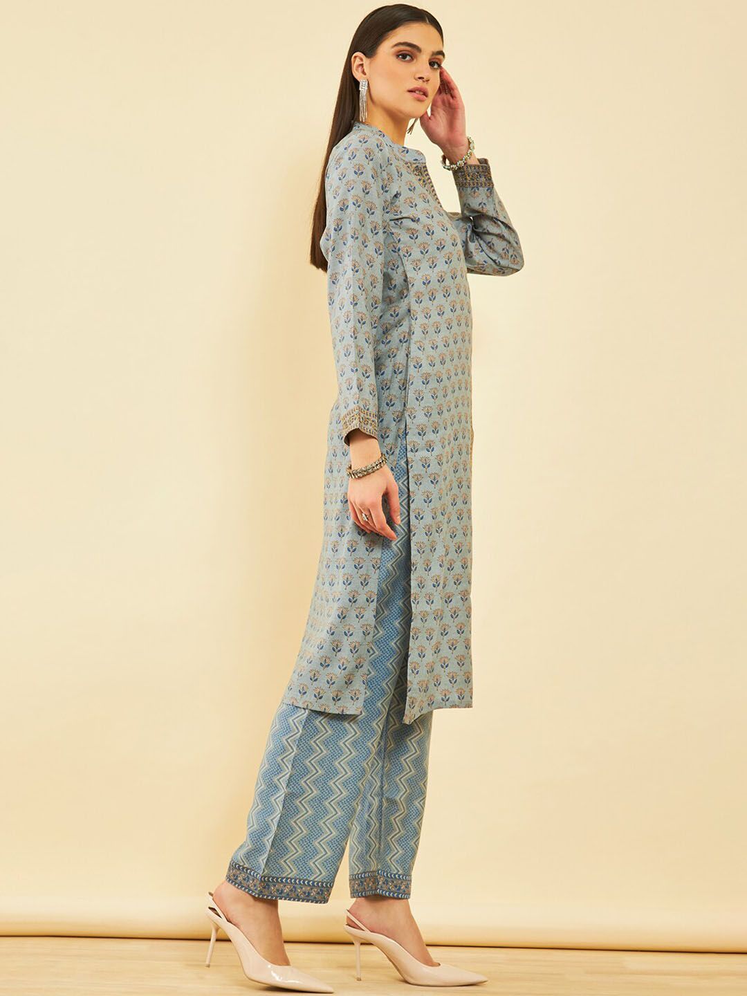Dhiyona SO Women's Ethnic Motifs Printed Regular Thread Work Kurta with Trousers