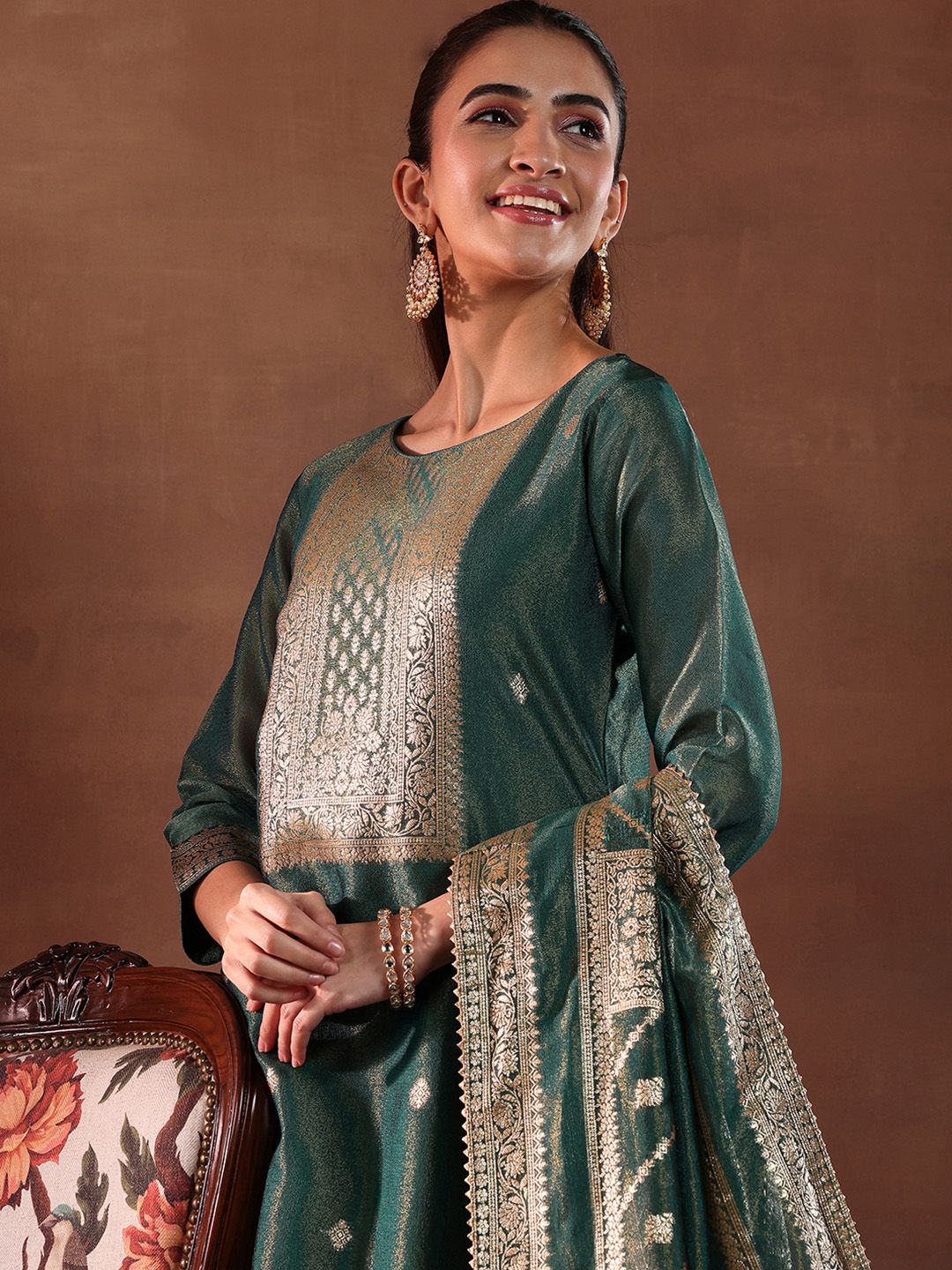 Dhiyona LB Women's Green and Gold Ethnic Motifs Woven Design Straight Kurta with Trouser & Dupatta