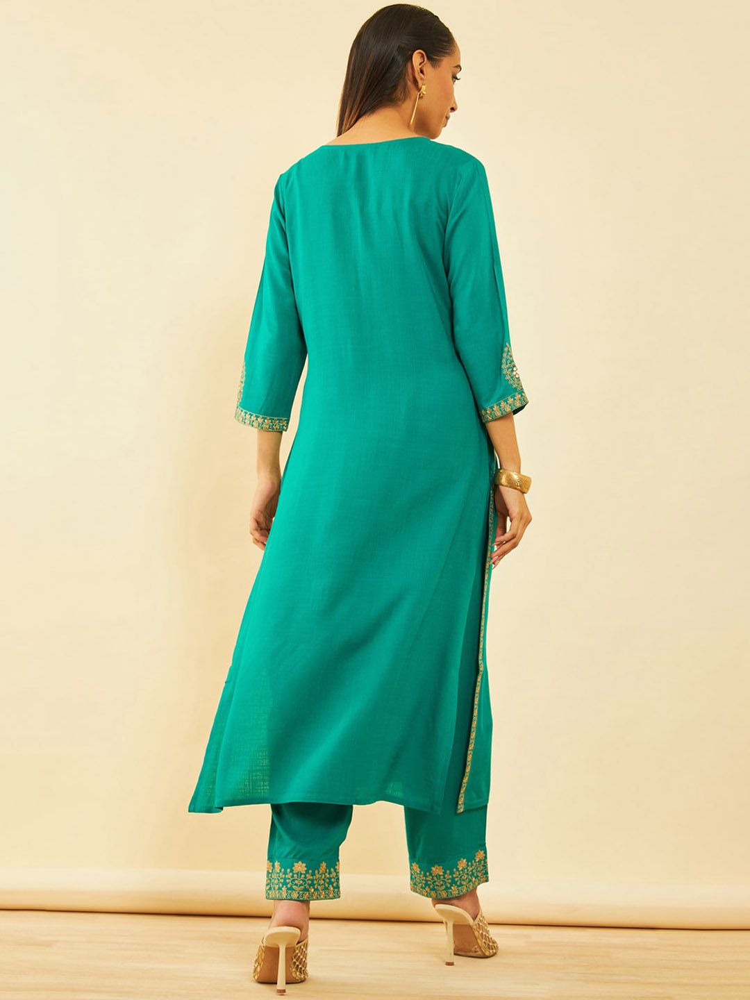 Dhiyona SO Women's Ethnic Motifs Embroidered Regular Mirror Work Kurta with Trouser