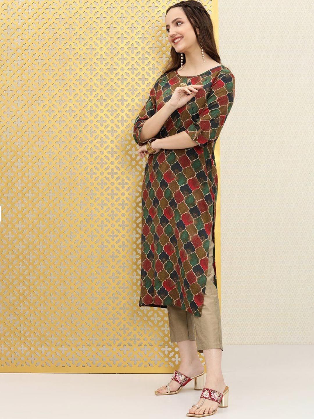 Dhiyona OD Ethnic Motifs Printed Boat Neck Mirror Work Detailed Kurta