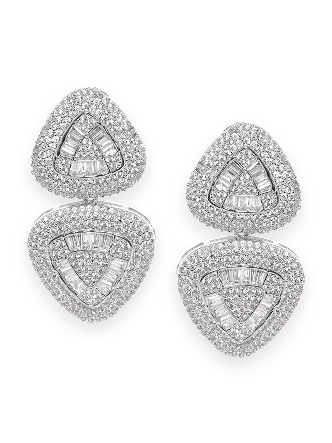 Dhiyona RJ Women's Rhodium Plated Premium AAA Crystal & Cubic Zirconia Studded Triangular Drop Earrings