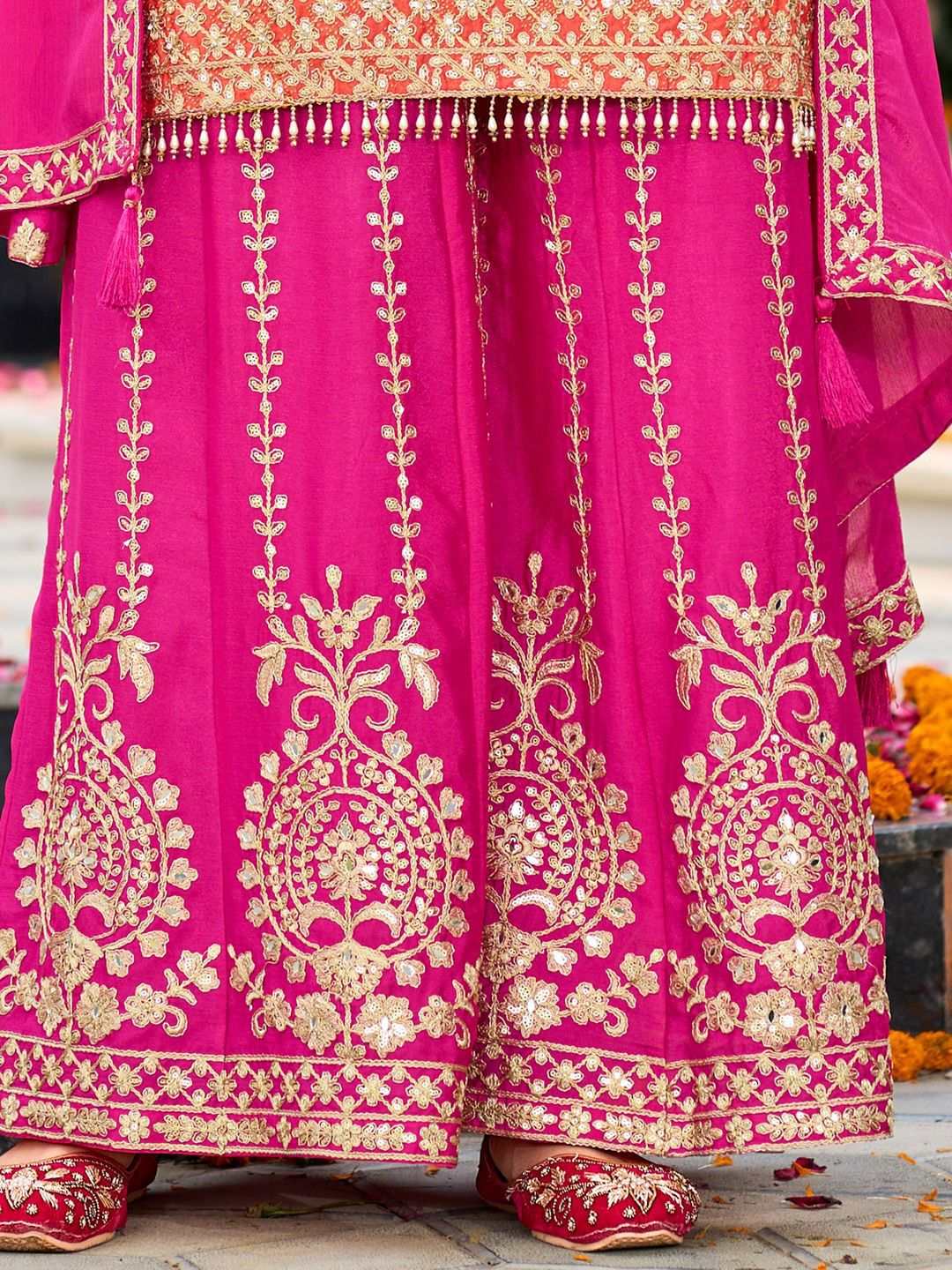 Floral Embroidered Zari Straight Kurti With Palazzos And Dupatta