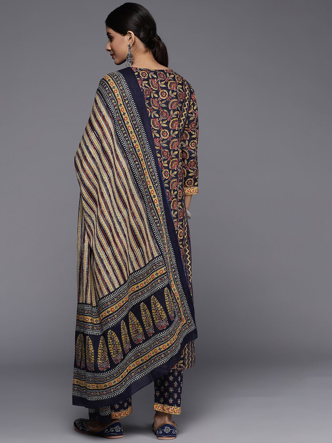 Dhiyona VA Women's Navy Blue Ethnic Motifs Printed Pure Cotton Kurta with Trousers & With Dupatta