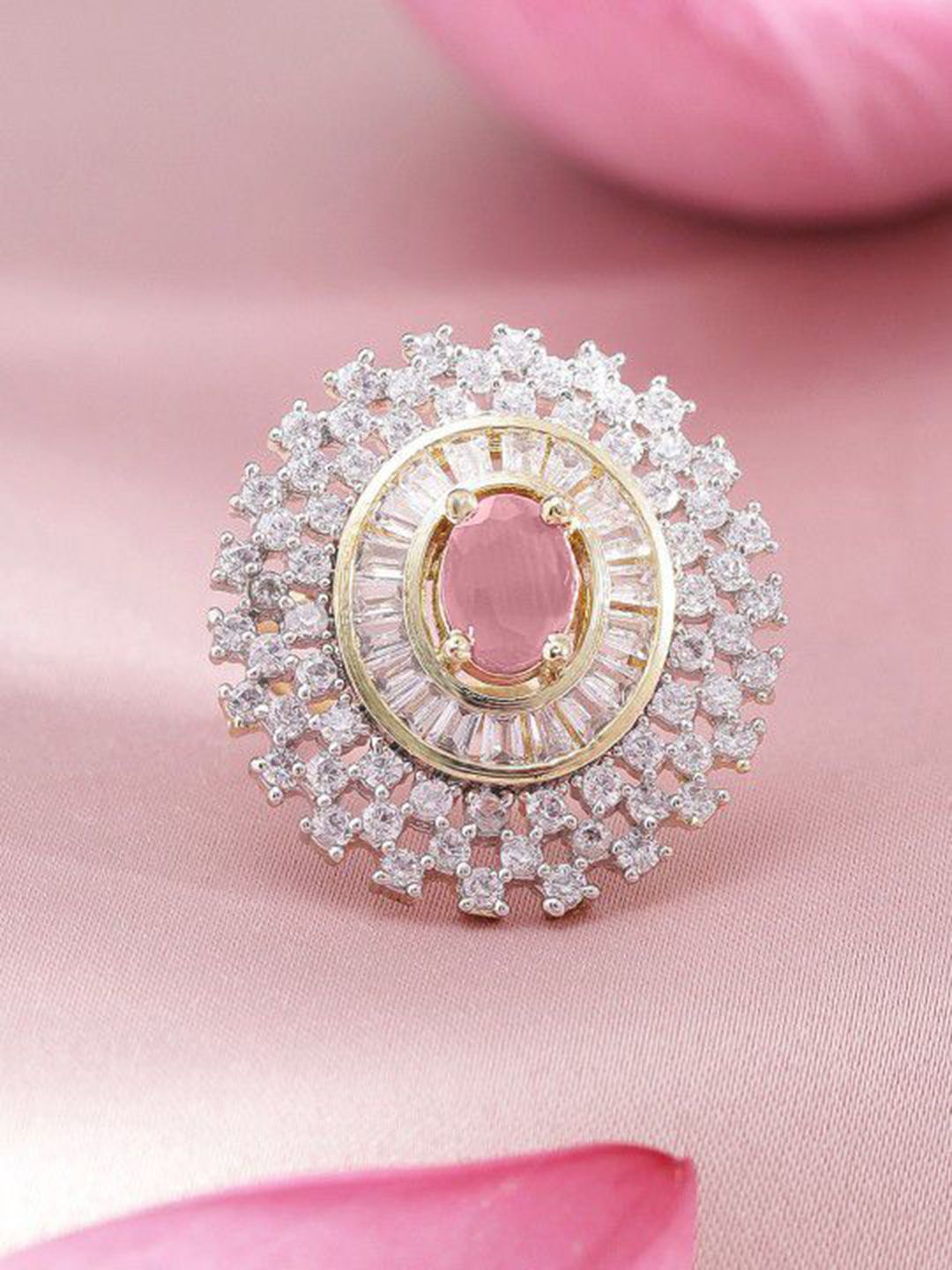 Dhiyona RJ Women's Rhodium-Plated Pink AD & White Zirconia Studded Adjustable Ring