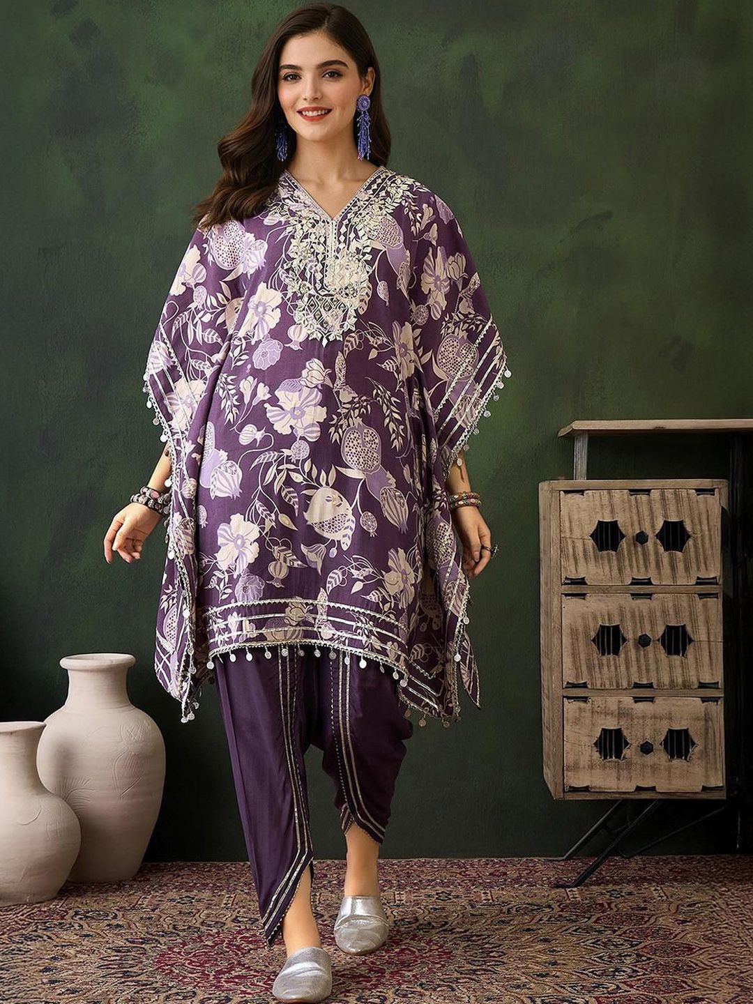 Dhiyona IS Women's Women Printed Kaftan Kurta with Dhoti Pant