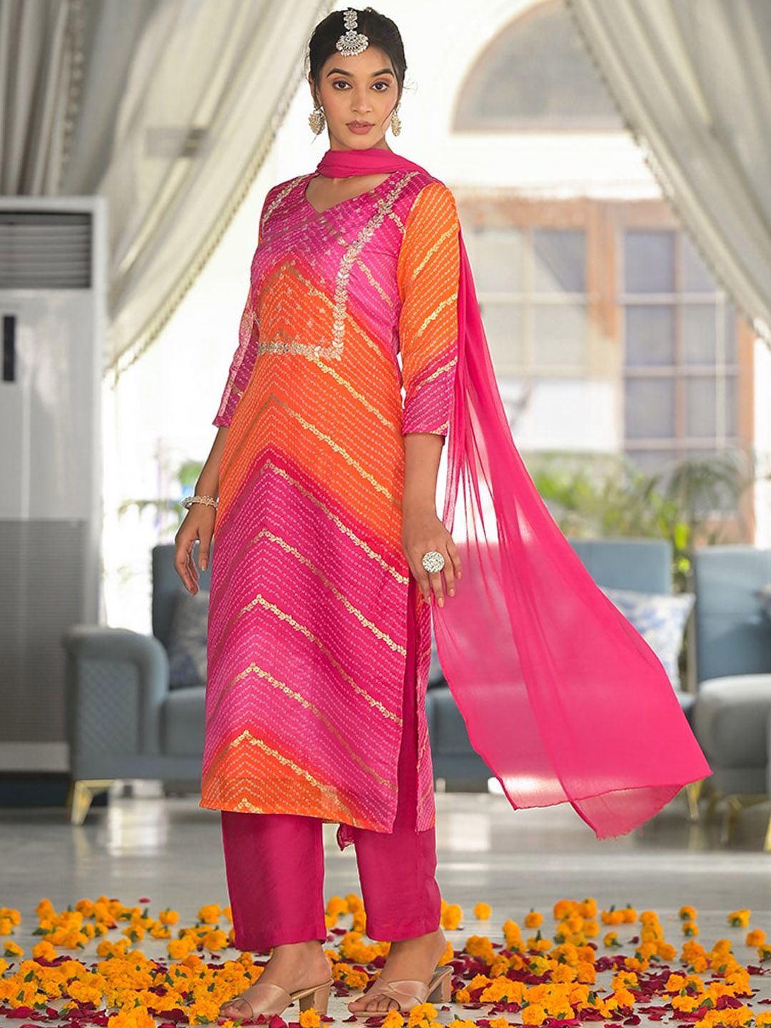 Dhiyona VA Women'sBandhani Printed Regular Gotta Patti Kurta with Trousers & With Dupatta