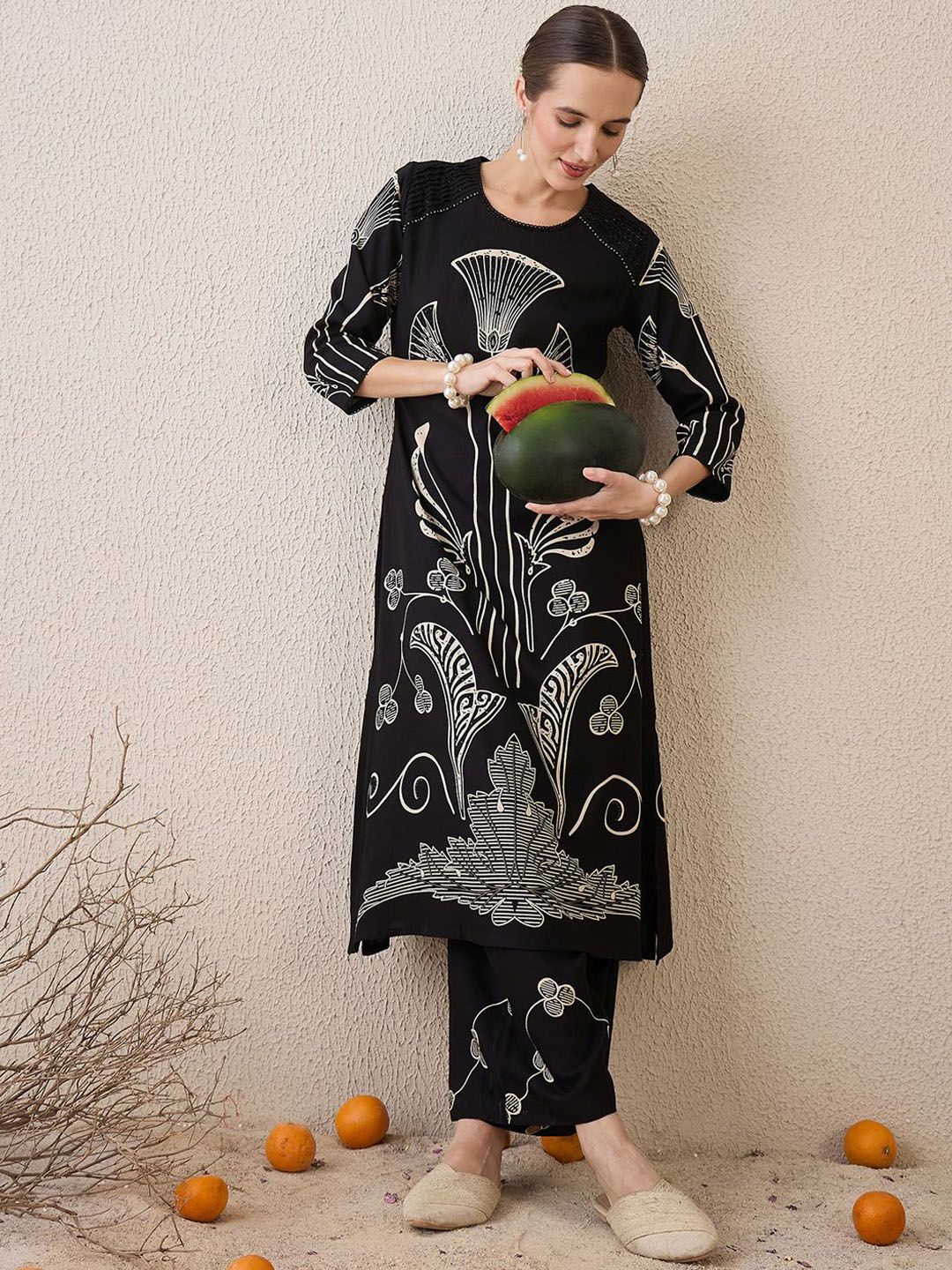 Dhiyona IE Ethnic Motifs Printed Round Neck Sequinned Straight Kurta With Palazzos