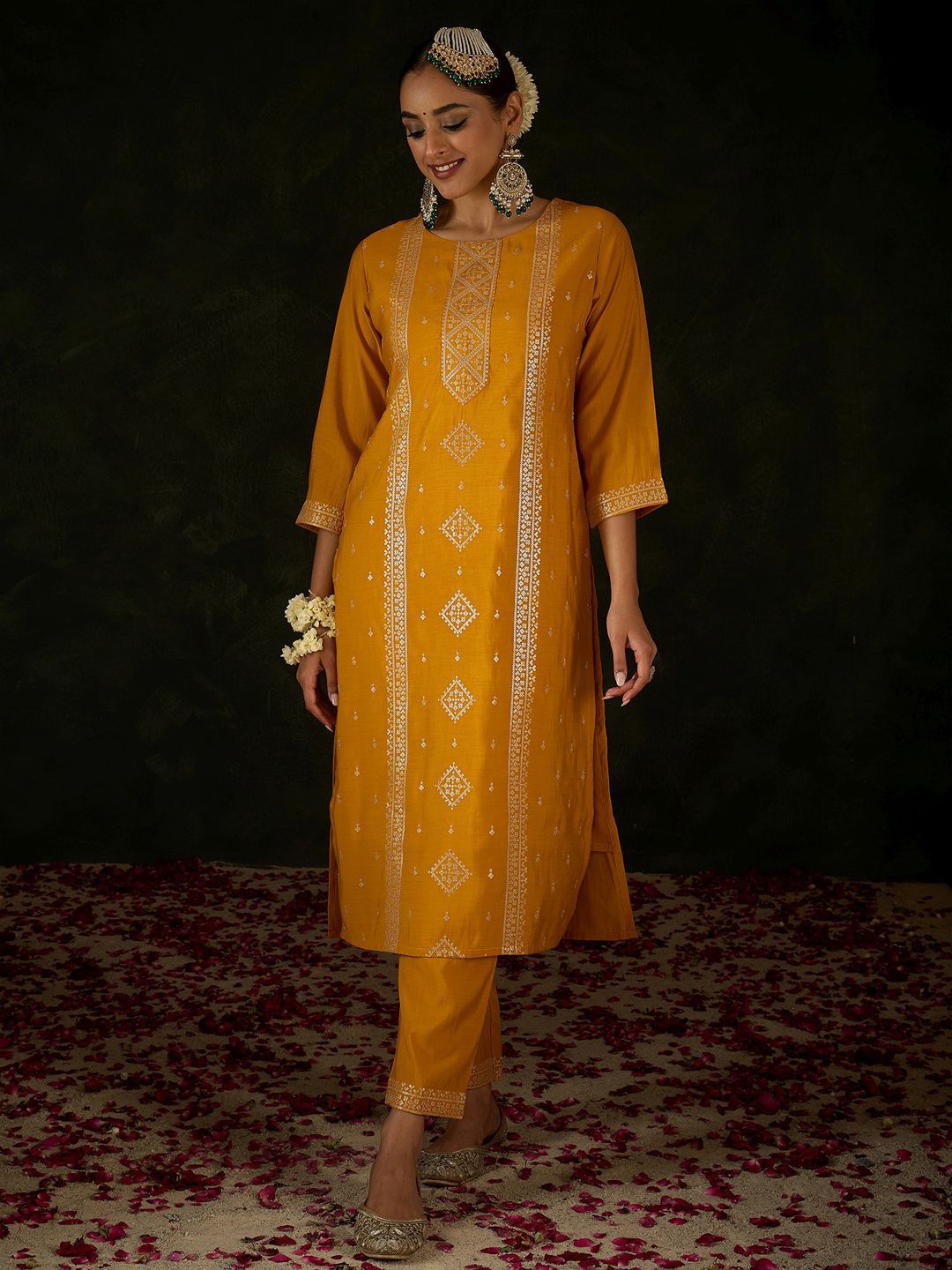Dhiyona IE Women Ethnic Motifs Embroidered Regular Sequinned Kurta with Trousers & With Dupatta