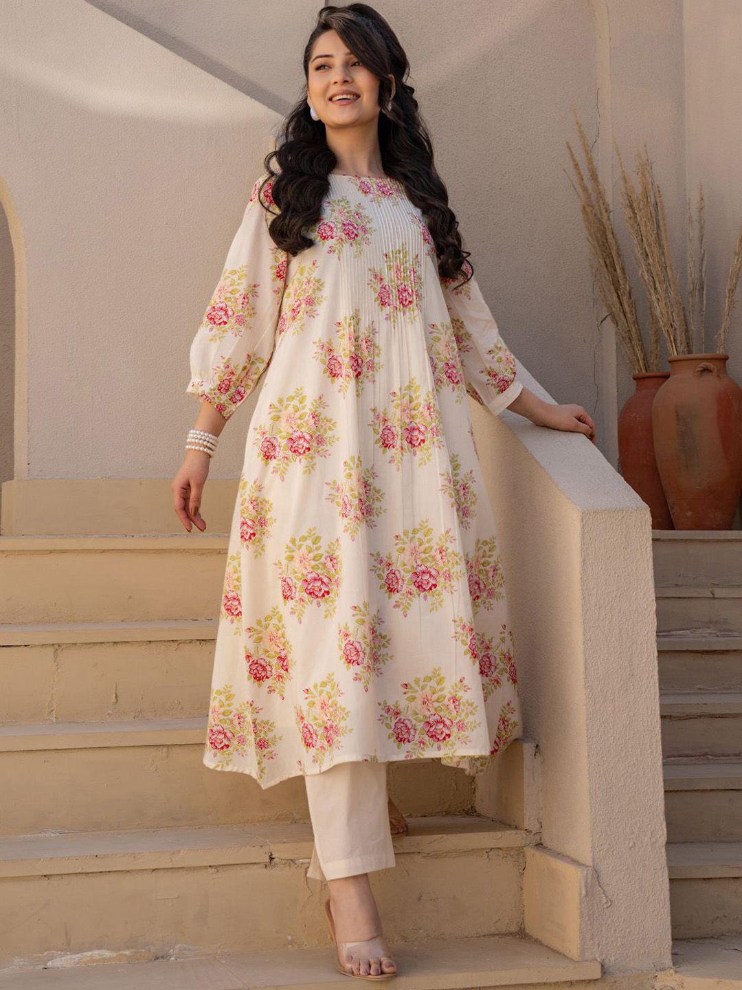 Dhiyona IE Floral Printed Pure Cotton Tunic With Trousers Co-Ords