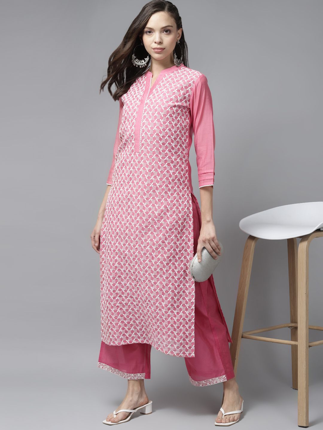 Women Pink Ethnic Motifs Embroidered Regular Kurta with Palazzos